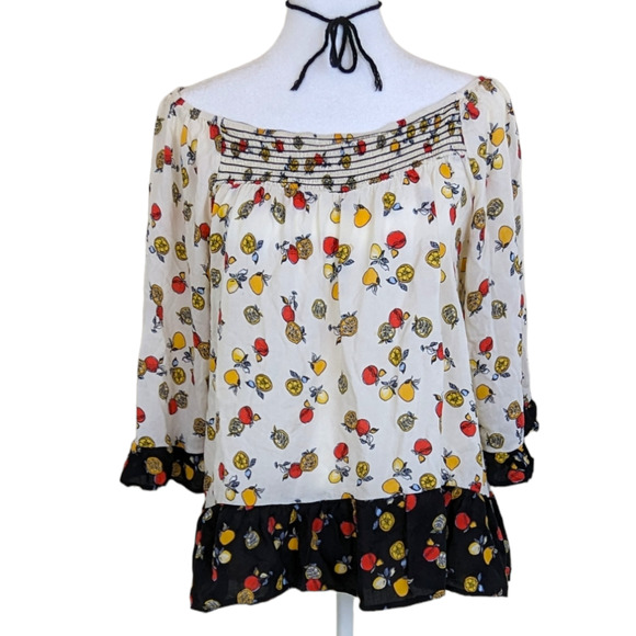Democracy Smocked Fruit Print Bohemian Peasant Top M - Picture 1 of 9